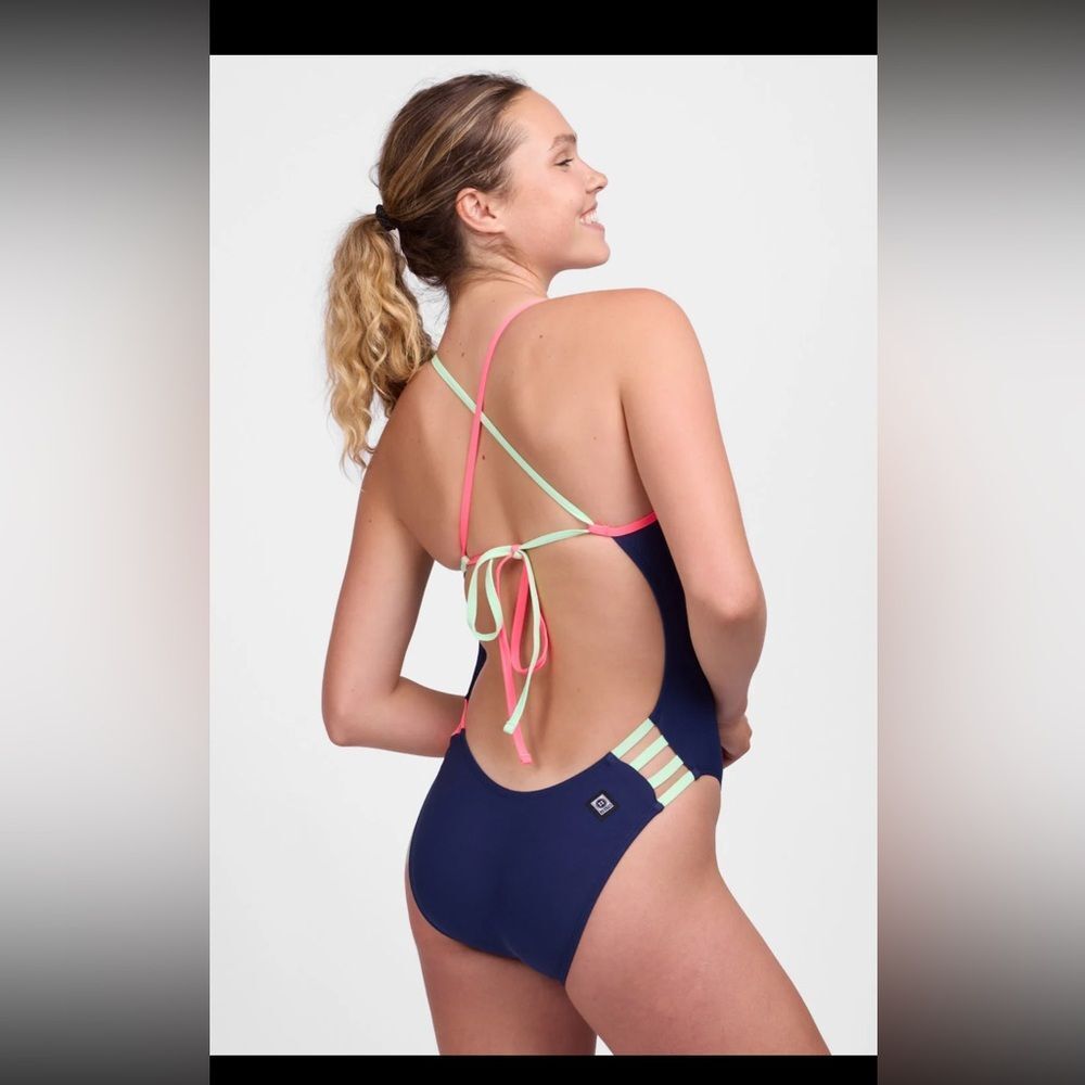 NWT New JOLYN Gavin Tie Back Swimsuit Navy Contrast Rainbow Trim Pink Lime 26